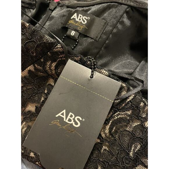 Vintage NWT $410 ABS Allen Schwartz Size 8 Black Lace Leather Peplum Dress - Picture 9 of 10